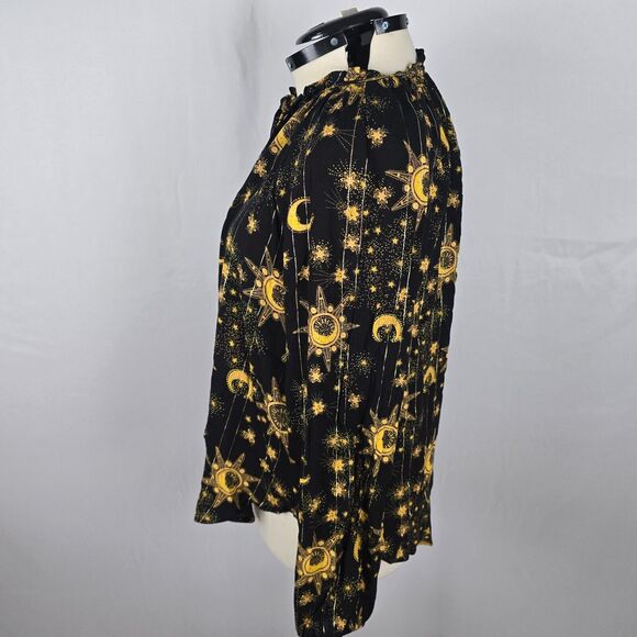 Torrid Blouse Women's 1X Black Gold Moon Print Long Sleeve Tie Mock Neck NWT - Picture 14 of 16